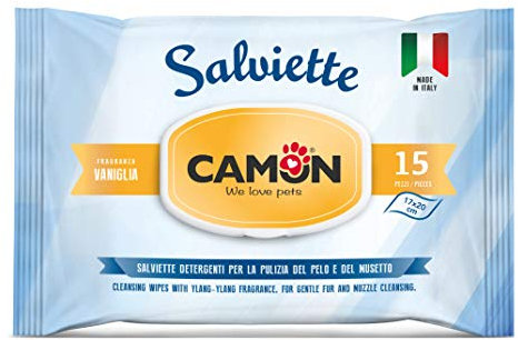 CAMON | Salviette Pocket Vaniglia, Box da 18 Pezzi, Salviettine Detergenti per Occhi e Orecchie di Cani e Gatti, Formula Delicata, 17x20cm