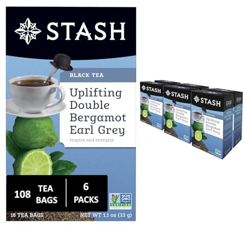 Stash Tea Double Bergamot Earl Grey Black Tea - Caffeinated, Non-GMO Project Verified Premium Tea with No Artificial Ingredients, 18 Count (Pack of 6) - 108 Bags Total