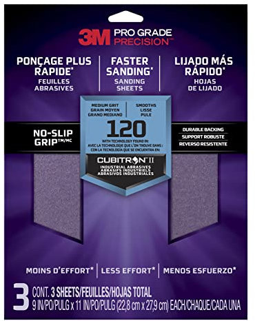 3M Pro Grade Precision Hojas de lijado más rápido, grano 120 medio, 26120TRI-3, 22.8 cm x 27.9 cm, 3/paquete