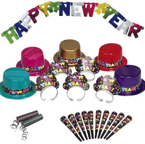 Silvester Partybox Happy New Year für 10 Personen - 22 Teile - Partyhüte, Tiaras, Tröten, Banner & mehr