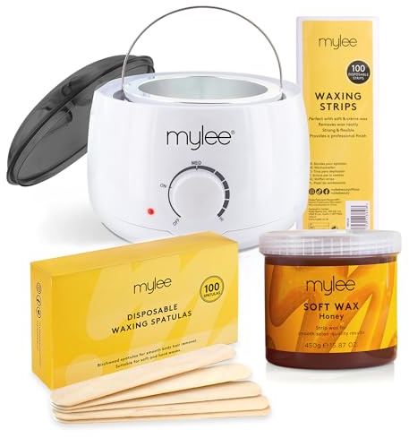 Mylee Waxing Kit, with White Thermostatic Control Wax Heater, Mylee 450g Honey Soft Wax, 100x Waxing Strips, 100x Disposable Wooden Waxing Spatulas