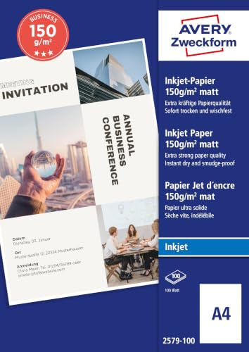 Avery Zweckform Art. 2579-100 Business Inkjet Papier (100 Blatt, 150 g/m², DIN A4, mattes Druckerpapier, einseitig beschichtet, sofort trocken & wischfest, Flyerpapier für Inkjet-Drucker) weiß