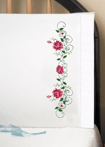 Tobin Stamped Pillowcases, Rose Vine, 20 x 30 Embroidery Kit, Pink