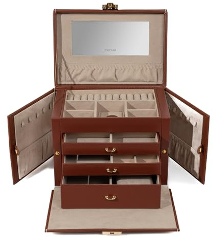 Friedrich|23, Schmuckkoffer, Cordoba, Leder, 26 x 18,5 x 23 cm, Eckig, Abschließbar, Mit Spiegel, Braun, 26391-3