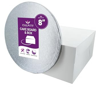 Culpitt 8 Round Silver Cake Drum Board & White Box Combo, 8 Inch Square Box and Matching Set For Transport