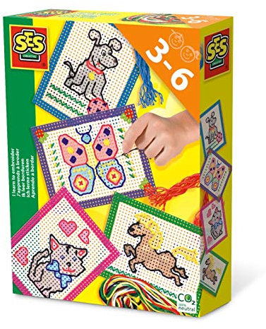 SES Creative | Stickset für Kinder ab 3 Jahre | Kreatives Nähset mit Karten, Fäden & Nadel | Motorikspiel Broderie | Lernspiel Nähen | Bastelset Handarbeit für Kinder | Geschenkidee Kreativspiel