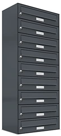 AL Briefkastensysteme 9er Briefkastenanlage Anthrazit Grau RAL 7016, Premium Briefkasten DIN A4, 9 Fach Postkasten modern Aufputz