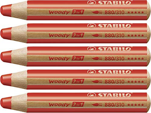 STABILO - Buntstift, Wasserfarbe & Wachsmalkreide - woody 3 in 1-5er Pack - carminrot