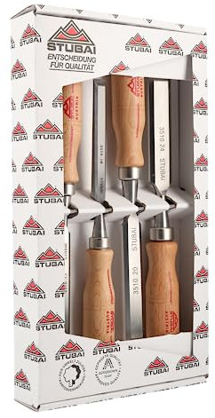 Stubai Stemmeisensatz Stemmeisensatz mit Holzheft aus Rotbuche 4-tlg. 12/16/20/24mm | Extra lange Klingen aus Werkzeugstahl | Präzise geschliffen, langlebig, robust, Profiqualität für Holzbearbeitung