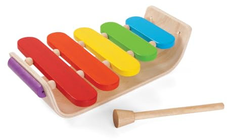PlanToys ovales Xylophon Kinder - Xylophon Kinder mit 5 bunten Paneelen und Holzhammer - Musik Spielzeug ab 1 Jahr - Musikinstrumente für Kleinkinder