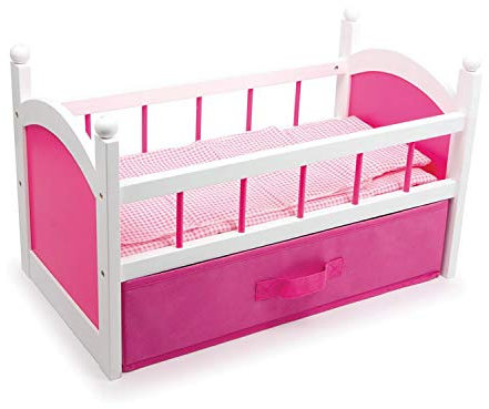 Dolls Wooden Crib Cot Bed With Bedding and Pink Clothes Drawer Storage, Toy