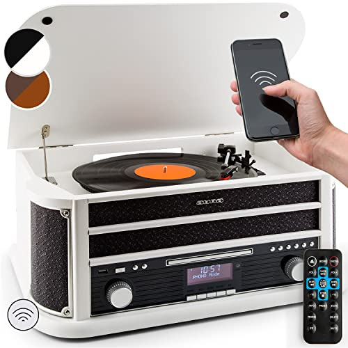 AUNA Belle Epoque 1908 - Giradischi Vintage, Radio Digitale, Giradischi Vinili in Design Retrò, DAB+, FM, Bluetooth, Lettore CD, MP3, Funzione RDS, Cassetta, USB, Bianco