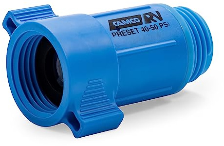 Camco Camper/RV Water Hose Pressure Regulator | Reduces Water Pressure to Safe 40-50 PSI & Protects Trailer and Boat Plumbing | Easily Attaches to 3/4-Inch Garden Hose Threads (40143)