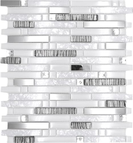 Mosaik Verbund Crystal/Edelstahl mix weiß/Glas Metall Mix Fliesenspiegel, Mosaikstein Format: 15x48/98/148x8 mm, Mattengröße: 298x338 mm, 10 Matten