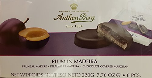 Anthon Berg - Massepain recouvert de chocolat noir - Prune & Madère - Boîte de 220g - Avec une délicieuse confiture de fruits frais aromatisée à Madère.