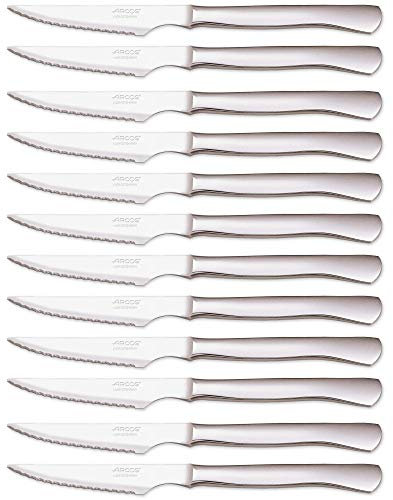 Arcos Cuchillos de Mesa Juego de Cuchillos Chuleteros Cuchillos de Mesa, Monoblock de una pieza de Acero Inoxidable 110 mm, Color Plata (12 uds)