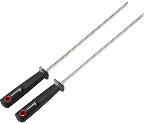 LANDMANN Grillspieß 2er-Set | Mit beweglicher Abstreifhilfe | Gummierter Griff für sichere Handhabung | Dreiecksform der Klingen verhindert Abrutschen des Grillgutes | Besteht aus Edelstahl [40,5 cm]