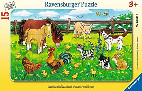 Ravensburger Kinderpuzzle - 06046 Bauernhoftiere auf der Wiese - Rahmenpuzzle für Kinder ab 3 Jahren, mit 15 Teilen