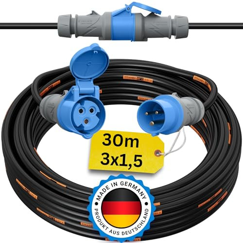 Camping Kabel 30 Meter CEE Verlängerungskabel 30m Außen TITANEX 3x1,5 Strom Wohnwagen Kabel Landstromanschluss Wohnmobil Caravan Adapter Verlängerung Stromkabel Verlaengerungskabel Outdoor