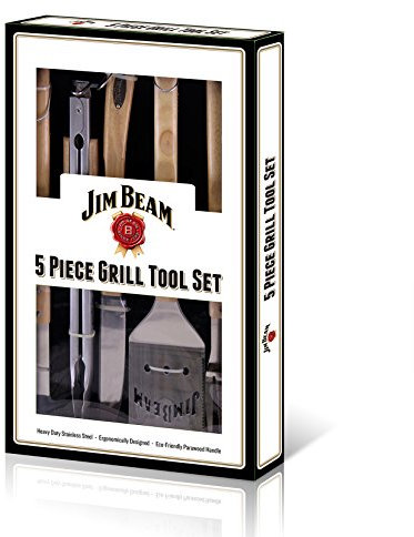 Jim Beam, Set di 5 Accessori per Barbecue con Manico in Legno, Idea Regalo