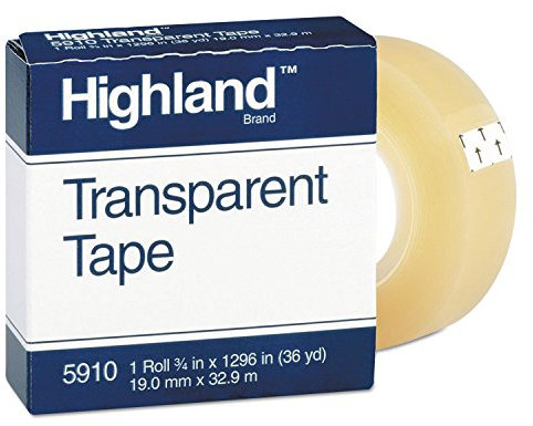 Highland Self Adhesive Transparent Tape, 1 roll 34'' x 1296'', 1 Inch Core, Clear (MMM5910341296)