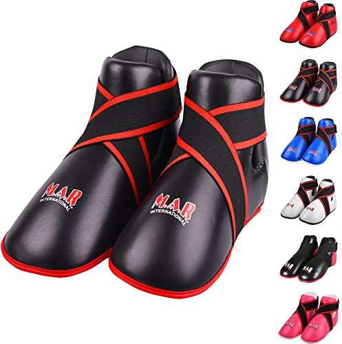 MAR | Black Martial Arts Foot Protector for Karate, Kickboxing, Muay Thai, Taekwondo, Karate K1 Kick Boots, Taekwondo Foot Protectors, Moulded Foam Padding Elasticated Toe Loops (Small)