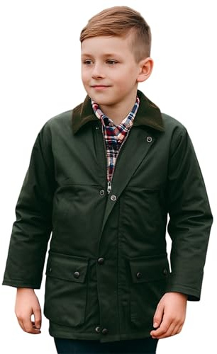 Game Technical Apparel Kids Quilted Wax Jacket with Detachable Hood – Waterproof Outdoor Rain Coat, Padded & Windproof – Boys & Girls Country Wear