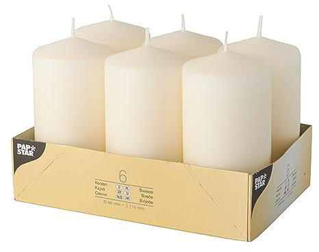 Papstar Stumpenkerzen / Säulenkerzen creme, (6 Stück), Abmessungen 6 x 11.5 cm, für Haushalt & penkerzen / Säulenkerzen creme (8 Stück) rund, Durchmesser 5 cm, Länge 10 cm, lange Brenndauer