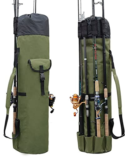 JSHANMEI Fishing Pole Bag with Rod Holder Canvas Carrier Bag Fishing Rod Reel Organizer Bag Foldable Fishing Tackle Storage Bag Travel Case Fishing Gifts for Men