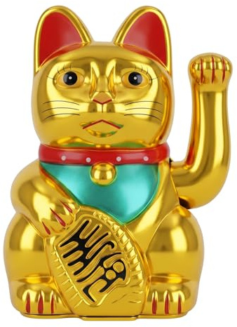 Starlet24® Winkende Glückskatze Winkekatze Lucky Cat Maneki-Neko Winkende Japanische Maneki-Neko batteriebetrieben (Gold Glänzend, 13cm)