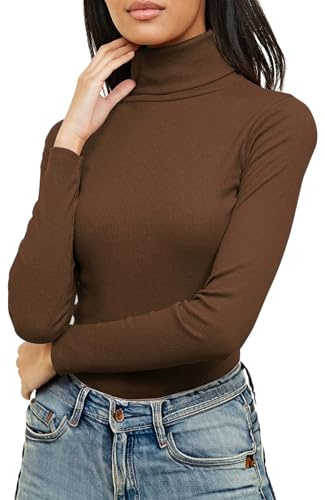 Re Tech UK Ladies Plain Ribbed Cotton Polo Turtle Roll Neck Tunic Top Jumper Full Sleeve, Dark Chocolate Brown, L/XL 16-18 Plus Size