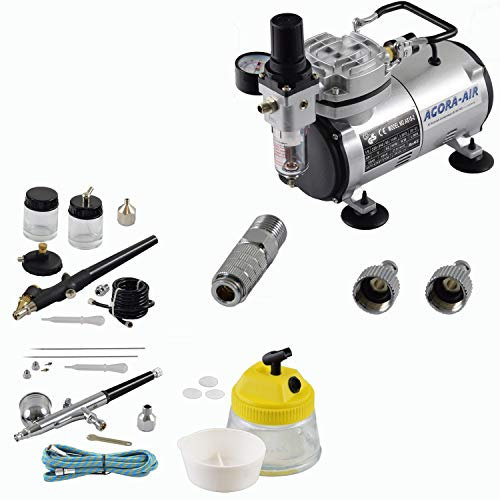 Agora-Tec® Airbrush Komplett-Set EXPERT II.1, inkl. Kompressor mit 4 bar & 20l/min + 2 Airbrushpistolen mit 0,2 & 0,3 & 0,5 & 0,8mm Nadeln/Düsen + 2 Schnellkupplungen + Clean-Pot + 1 Schlauch + Adapter