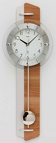 Pendeluhr AMS 5271 Wanduhr mit Pendel Funk , Kernbuche / Aluminium - Applikation Holzrückwand by AMS