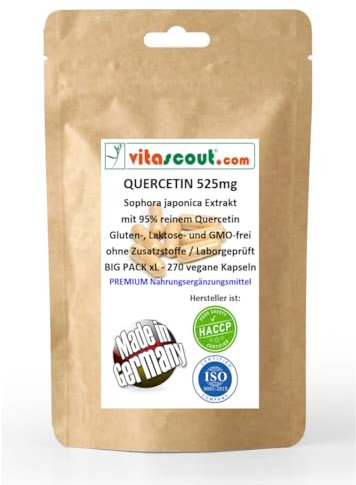 Reines Quercetin aus der Saphora Japonica 525mg hochdosiert mit 95% reinem Quercetin - 270 vegane Kapseln, ohne Zusatzstoffe von vitascout, LABORGEPRÜFT