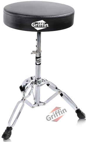 Griffin Padded Drum Throne (ChromeElite Edition) – Adjustable Height Drummer’s Stool with Double Braced Hardware for Practice, Studio, Guitar Chair & Percussion Use