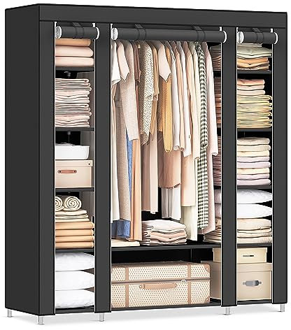 SONGMICS Kleiderschrank, Stoffschrank, mit Kleiderstange und Ablagen, Soffüberzug, für Schlafzimmer, Ankleidezimmer, 150 x 45 x 175 cm, schwarz LSF03H