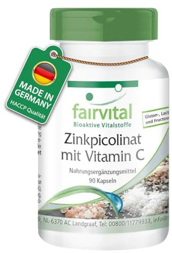Fairvital | Picolinato de zinc con vitamina C - 90 cápsulas - ALTA DOSIS - 10 mg de zinc + 80 mg de vitamina C por cápsula - VEGANO