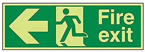 V Safety 14003BJ-G Glow In The Dark Fire Exit Arrow Left Sign - 450mm x 150mm - Rigid Plastic, Green