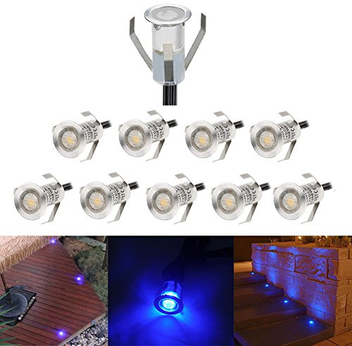 CHNXU 10er Set Mini Treppen Einbaustrahler Ø18mm 0.4W IP67 Wasserdicht 7LM Bodeneinbaustrahler LED Bodenstrahler Aussen und Innen Lampe mit 12V Netzteil für Garten Terrasse Treppen Beleuchtung Blau