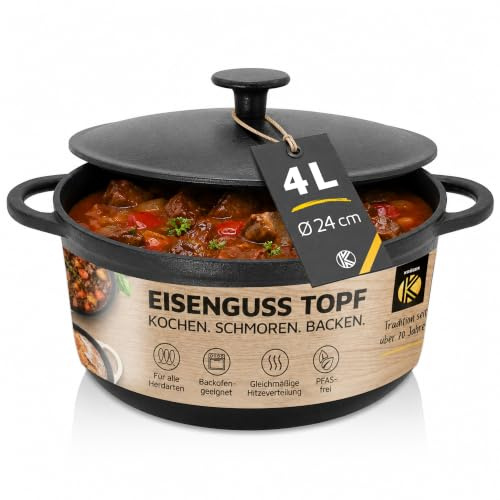 Krüger Gusseisen Schmortopf Rustica Ø 24 cm 4 L | Brotbacktopf schwarz | Massiver Vollguss-Eisen 4,8 kg | Ofenfest bis 240 °C | Brotbacken & Schmoren | Alle Herdarten inkl. Induktion | PFAS-frei