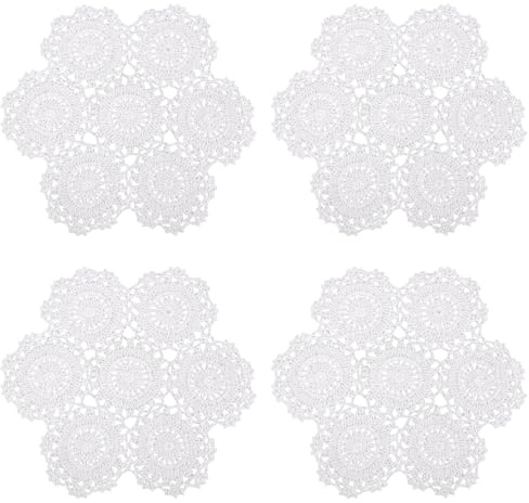 kilofly Confezione da 4 centrini in pizzo di cotone all'uncinetto, motivo floreale, 25,4 cm, colore: bianco