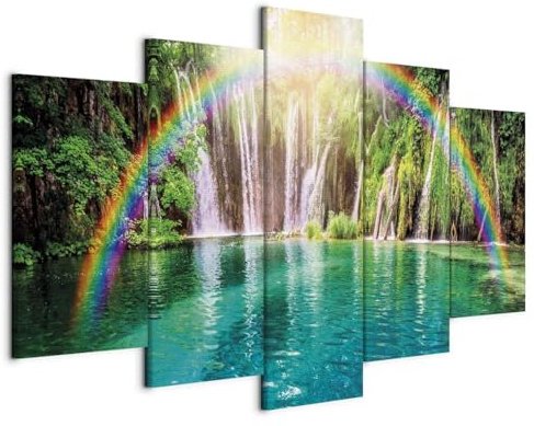 Cuadros B&D XXL - Leinwandbild Wasserfall Regenbogen, 200x100 cm, 5-teilig | Hochwertige Leinwand, sofort aufhängbar, ideal fürs Wohn- oder Schlafzimmer, wasserfest und lichtecht, langlebig, stilvoll