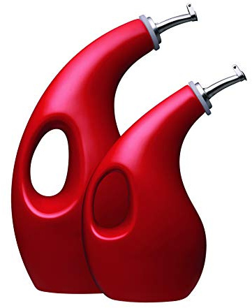 Rachael Ray Solid Glaze Ceramics EVOO Olive Oil Bottle Dispenser with Spout Set, 2 Piece, Red
