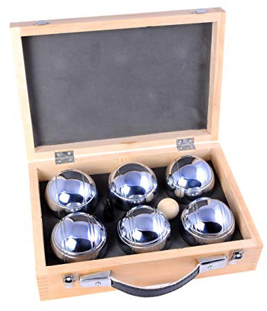 Engelhart - 010205-2 x 3 Boules Pétanque in einem Luxus-Koffer - Komplettes Pétanque-Set - Holz-Koffer - 6 Chrom-Boules - Durchmesser 74 mm - Maßband - 1 Cochonnet - Triplette