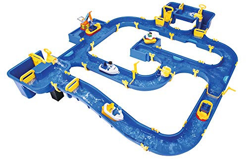 BIG - Waterplay Amsterdam - Wasserbahn blau, 175 x 143 x 27cm große Bahn, mit 4 Booten, Wasserflugzeug und 3 Spielfiguren, 2 Schleusen, Wasserpumpe und Hafenbecken, ab 3 Jahren