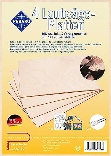 Pebaro 327/130-5 Set: 4 Laubsägeplatten 3mm Sperrholz DIN A 4, natur, unbedruckt, 12 Laubsägeblätter, 4 Motive zum aufmalen und aussägen mit Laubsägebogen, Laubsägen, Basteln mit Holz, Geschenkidee