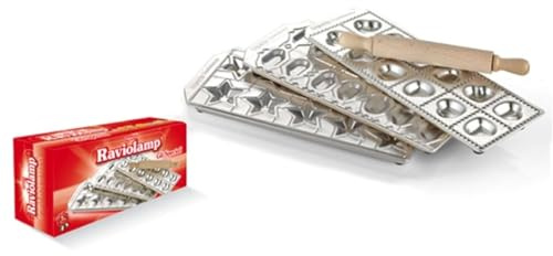 Imperia Raviolamp Tris Special. Stampo per 14 ravioli a pesce, 10 stelline e 12 cuori. Made in Italy. Accessori macchina per la pasta in alluminio per pasta fresca. Mattarello incluso. Tagliapasta