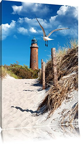 Pixxprint Schöner Leuchtturm am Strand, Größe: 80x60cm, Leinwandbild, fertig gespannt, Wandbild, Dekoration, Kunstdruck, kein Poster