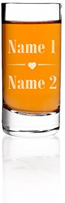 Herz & Heim® edles Schnapsglas zur Hochzeit mit Gravur der Namen des Paares - Gastgeschenk u. Hochzeitsgeschenk (kleines Herz)