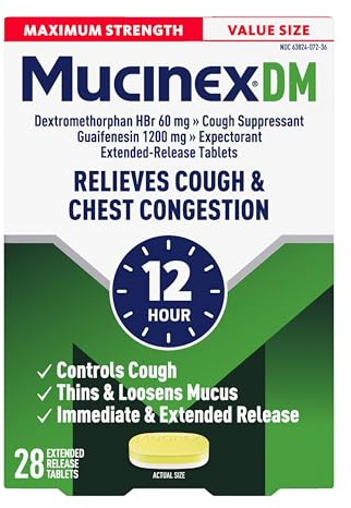 Mucinex DM 12Hr Maximum Strength Chest Congestion & Cough Medicine for Adults, Cold and Cough Medicine for Excess Mucus Relief, 1200 mg Guaifenesin & 60 mg Dextromethorphan HBr, 28 Bi-Layer Tablets